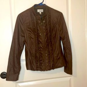 Ladies brown pleather jacket, size S. Zip front, brass and ruffle trim